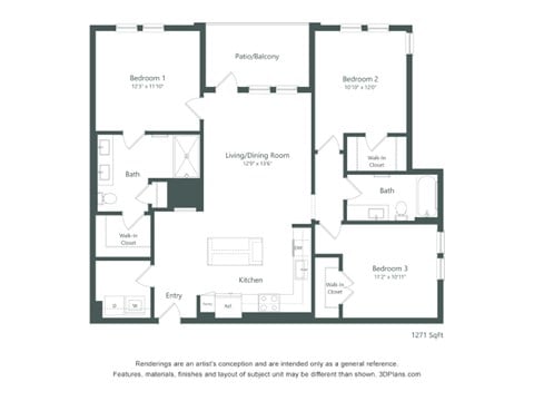 Floor plan for 3 beds, 2 baths, 1271 sqft