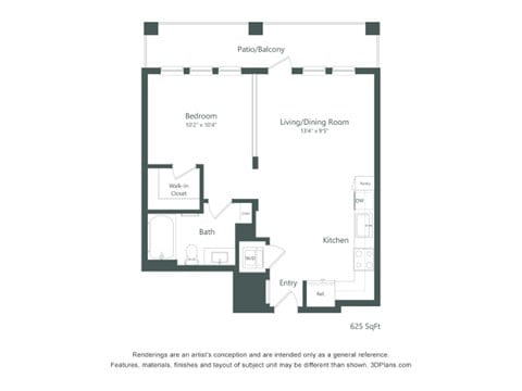 Floor plan for studio, 1 bath, 625 sqft