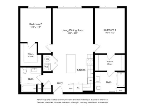 Floor plan for 2 beds, 2 baths, 1063 sqft