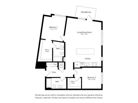Floor plan for 2 beds, 2 baths, 1198 sqft