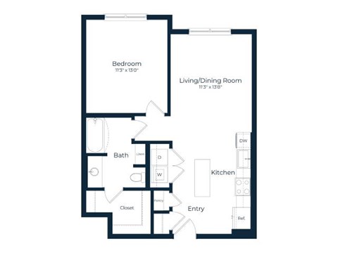 Floor plan for 1 bed, 1 bath, 712 sqft