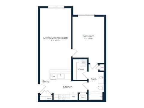 Floor plan for 1 bed, 1 bath, 789 sqft