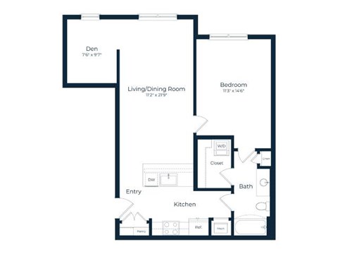 Floor plan for 1 bed, 1 bath, 854 sqft