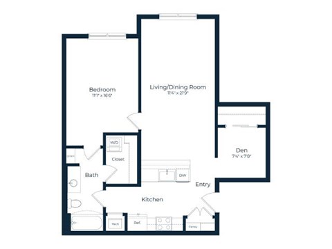 Floor plan for 1 bed, 1 bath, 858 sqft