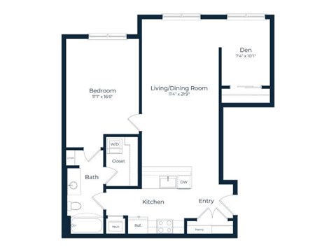 Floor plan for 1 bed, 1 bath, 903 sqft