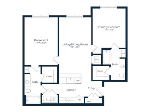 Floor plan for 2 beds, 2 baths, 1127 sqft