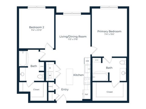 Floor plan for 2 beds, 2 baths, 1076 sqft