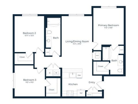 Floor plan for 3 beds, 2 baths, 1238 sqft