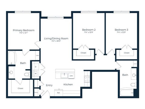 Floor plan for 3 beds, 2 baths, 1342 sqft