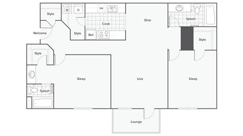 Floor plan for 2 beds, 2 baths, 1175 sqft