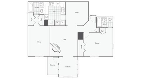 Floor plan for 2 beds, 2 baths, 1200 sqft