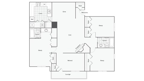 Floor plan for 3 beds, 2 baths, 1400 sqft