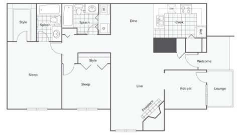 Floor plan for 2 beds, 2 baths, 1183 sqft