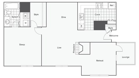 Floor plan for 1 bed, 1 bath, 850 sqft