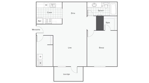 Floor plan for 1 bed, 1 bath, 832 sqft