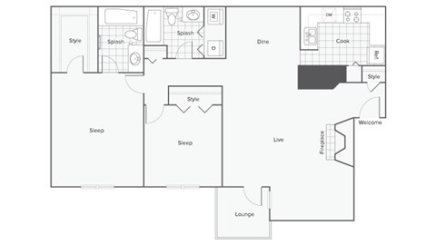 Floor plan for 2 beds, 2 baths, 1143 sqft