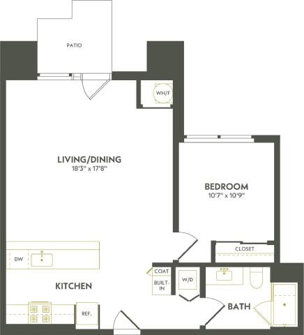 Floor plan for 1 bed, 1 bath, 829 sqft