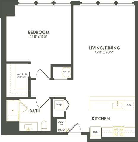 Floor plan for 1 bed, 1 bath, 832 sqft