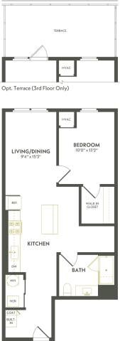 Floor plan for 1 bed, 1 bath, 773 sqft