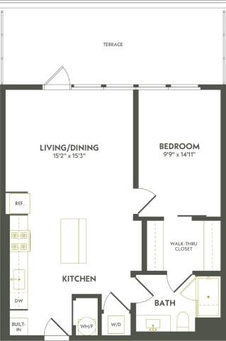 Floor plan for 1 bed, 1 bath, 784 sqft