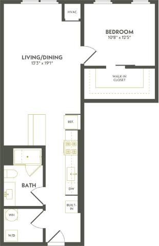 Floor plan for 1 bed, 1 bath, 820 sqft