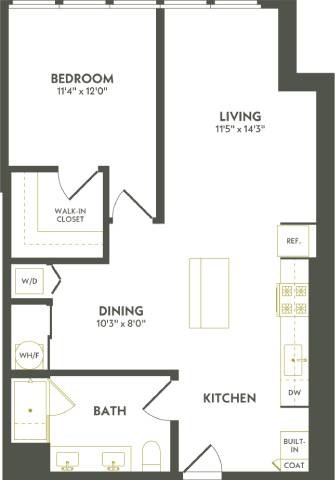 Floor plan for 1 bed, 1 bath, 886 sqft