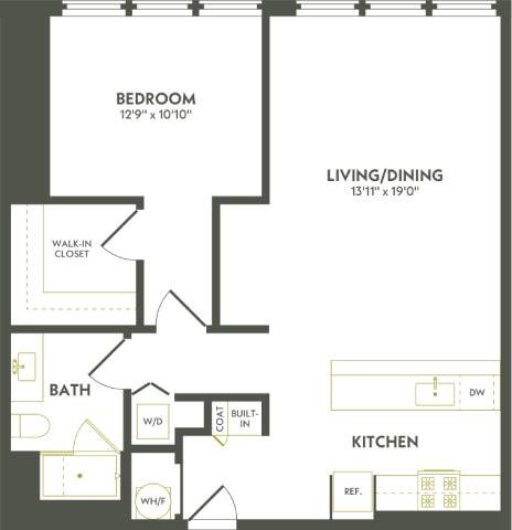 Floor plan for 1 bed, 1 bath, 952 sqft