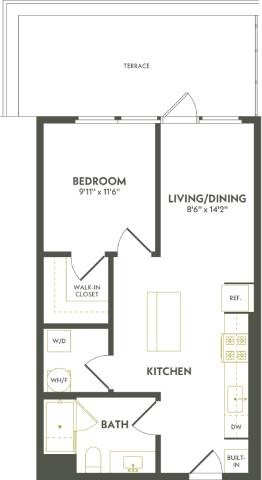 Floor plan for 1 bed, 1 bath, 637 sqft
