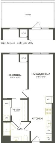 Floor plan for 1 bed, 1 bath, 653 sqft