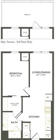 Floor plan for 1 bed, 1 bath, 664 sqft