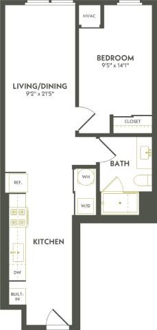 Floor plan for 1 bed, 1 bath, 674 sqft