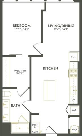 Floor plan for 1 bed, 1 bath, 679 sqft