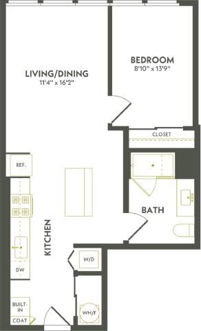 Floor plan for 1 bed, 1 bath, 684 sqft