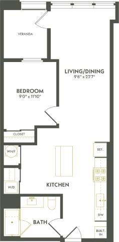Floor plan for 1 bed, 1 bath, 749 sqft