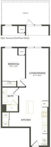 Floor plan for 1 bed, 1 bath, 758 sqft