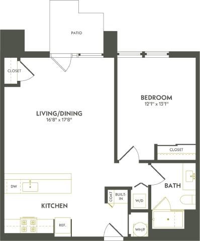 Floor plan for 1 bed, 1 bath, 763 sqft
