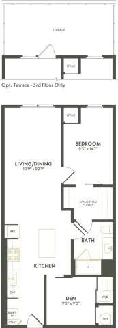 Floor plan for 1 bed, 1 bath, 859 sqft