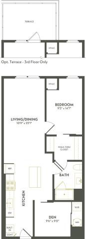 Floor plan for 1 bed, 1 bath, 875 sqft