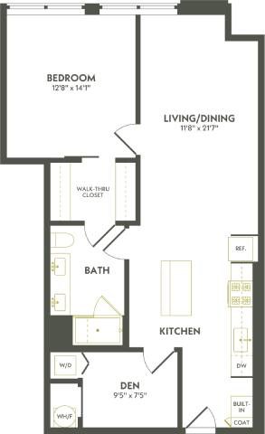 Floor plan for 1 bed, 1 bath, 880 sqft