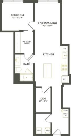 Floor plan for 1 bed, 1 bath, 887 sqft