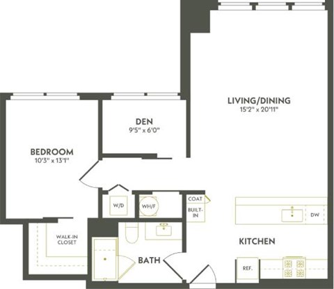 Floor plan for 1 bed, 1 bath, 888 sqft