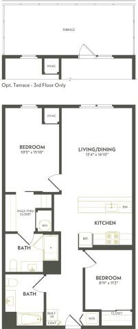 Floor plan for 2 beds, 2 baths, 1033 sqft
