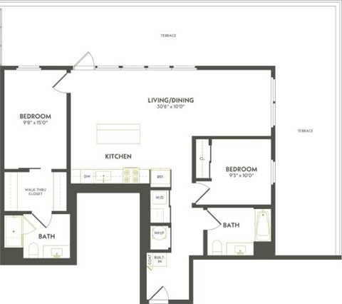 Floor plan for 2 beds, 2 baths, 1152 sqft