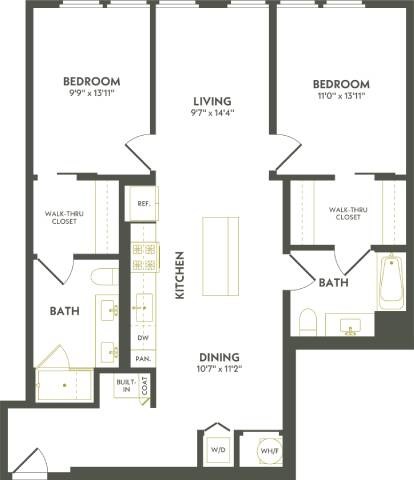 Floor plan for 2 beds, 2 baths, 1154 sqft