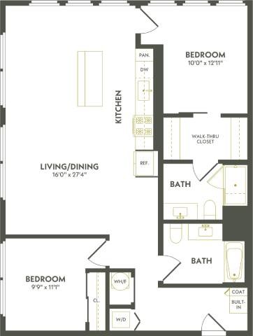 Floor plan for 2 beds, 2 baths, 1195 sqft