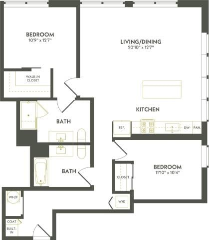 Floor plan for 2 beds, 2 baths, 1235 sqft