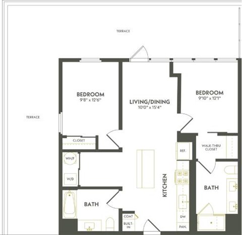 Floor plan for 2 beds, 2 baths, 945 sqft