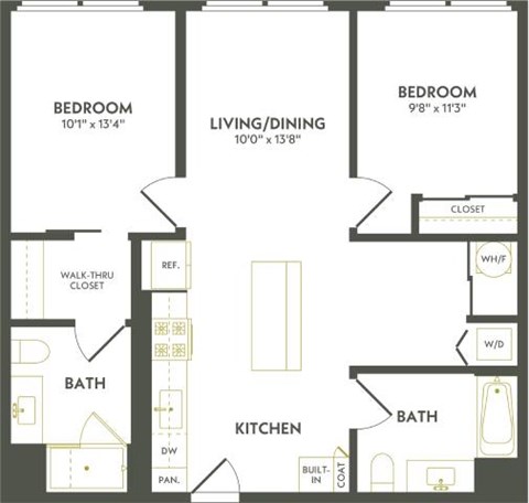 Floor plan for 2 beds, 2 baths, 946 sqft