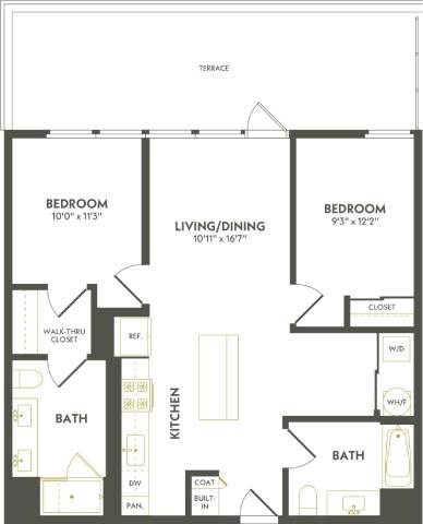 Floor plan for 2 beds, 2 baths, 957 sqft
