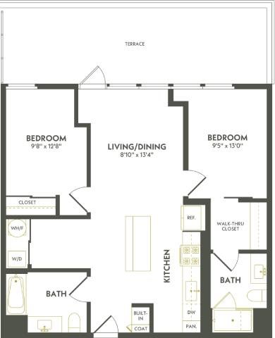 Floor plan for 2 beds, 2 baths, 962 sqft